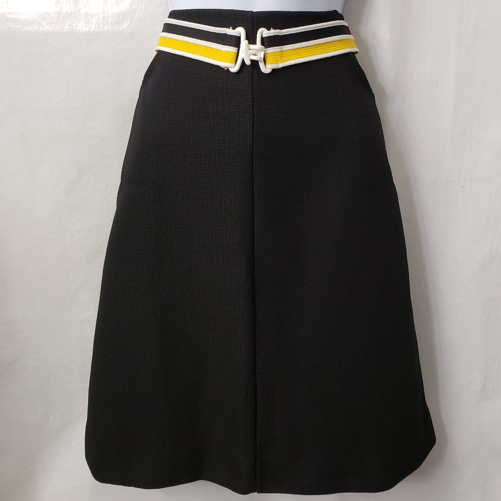 Vintage Bee Belted Knit Skirt S M POCKETS Knee Length Black Yellow 70s JCP